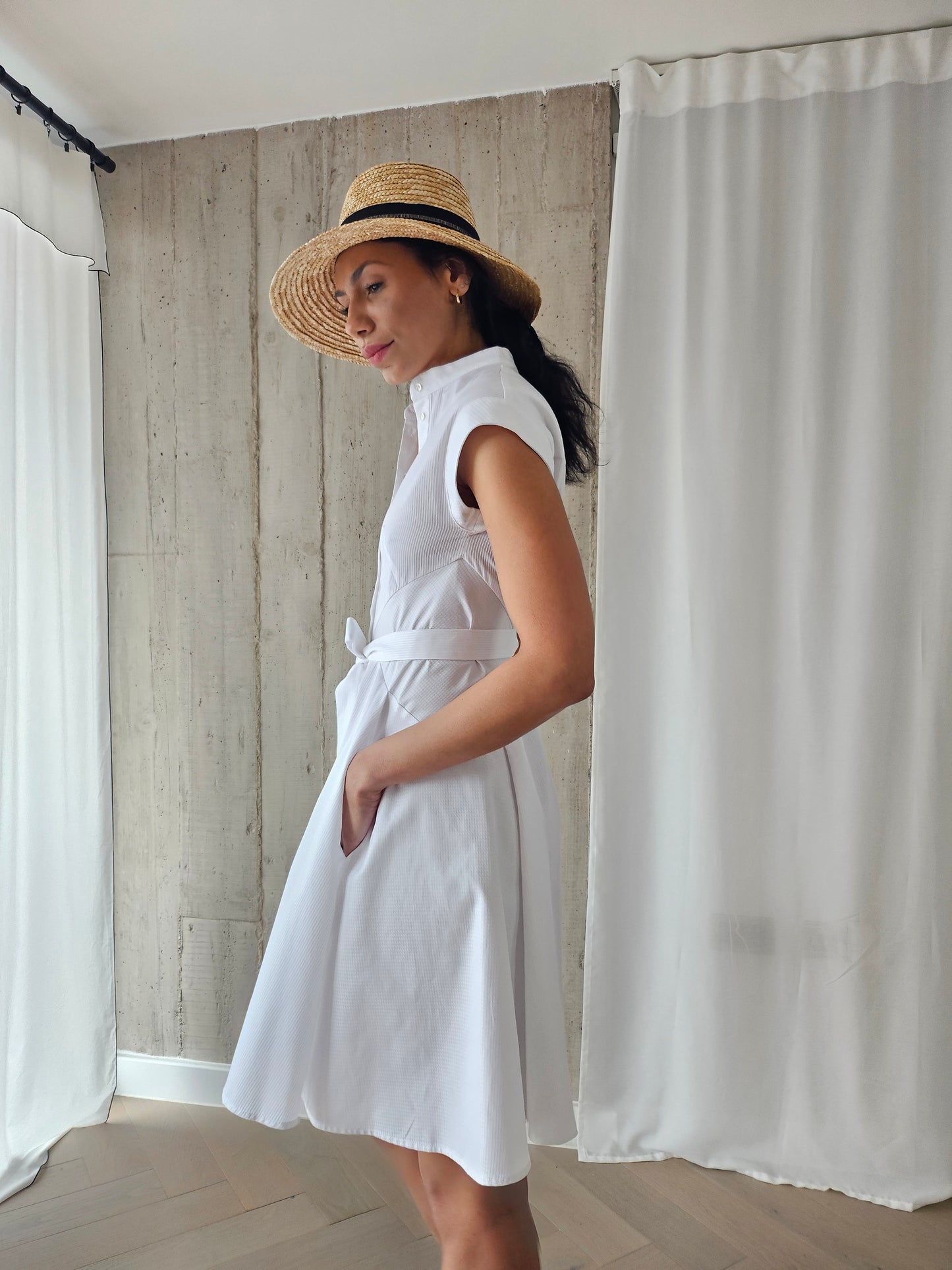 The Romanticist Short Shirt Dress in White Cotton Jacquard Shirting