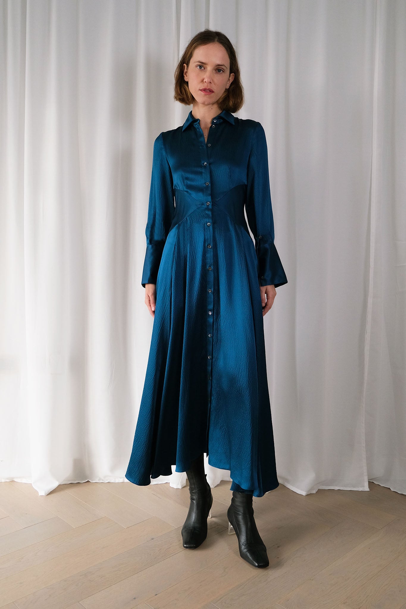 The Romanticist Shirt Dress in Teal Hammered Silk The Array The Romanticist Shirt Dress in Teal Hammered Silk The Array