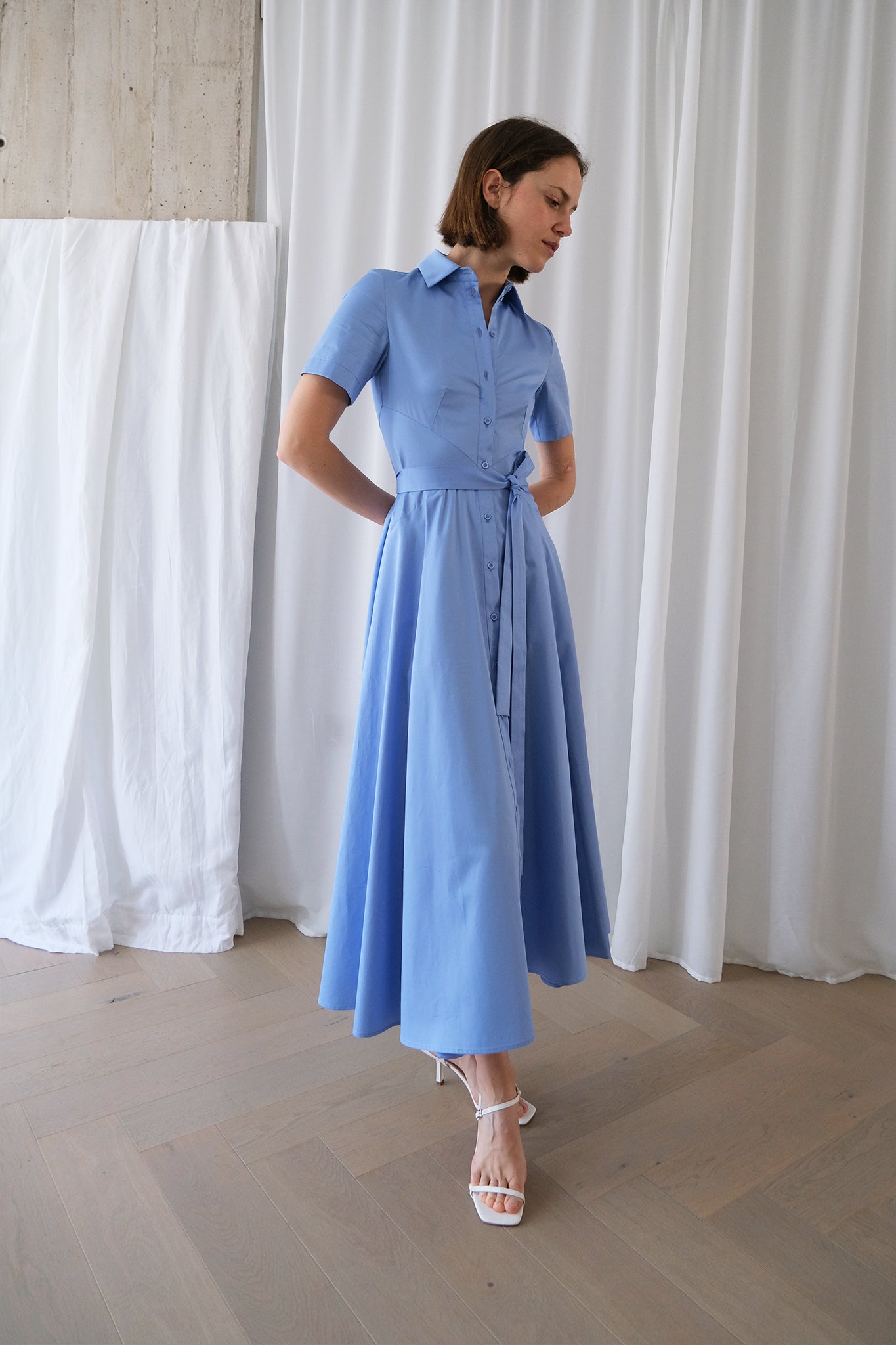 The Romanticist Short Sleeve Shirt Dress in Cornflower Blue Cotton Sat – The Array