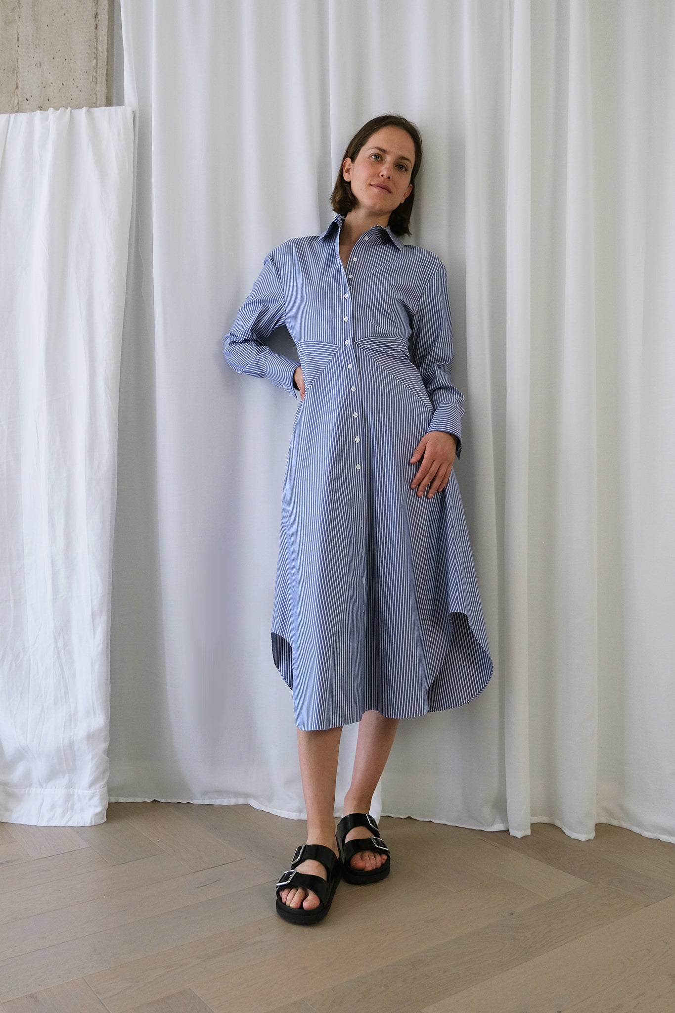 The Gentlewoman Shirt Dress in Blue Striped Cotton Oxford