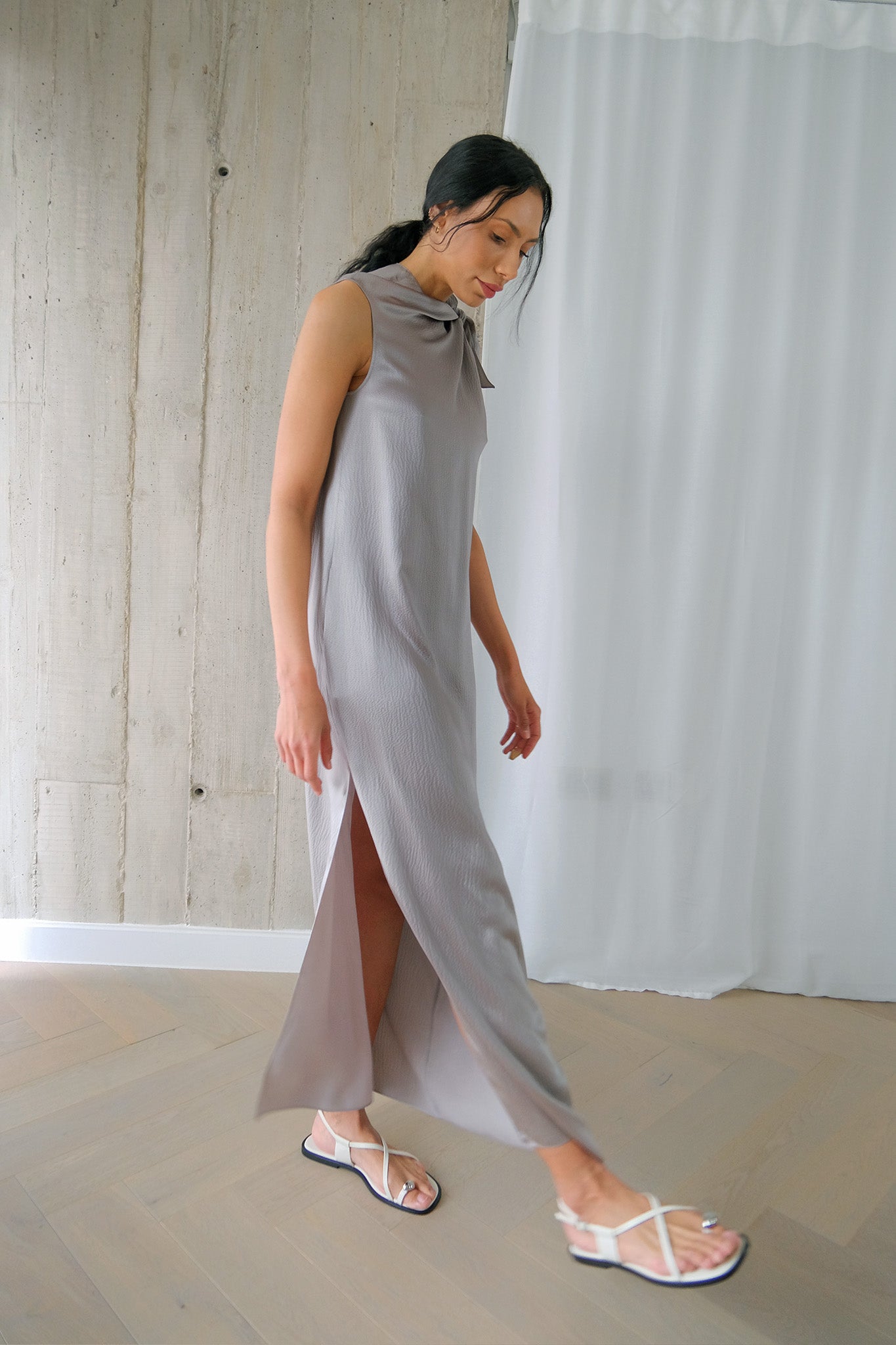 Maxi Scarf Dress in Silver Hammered Silk
