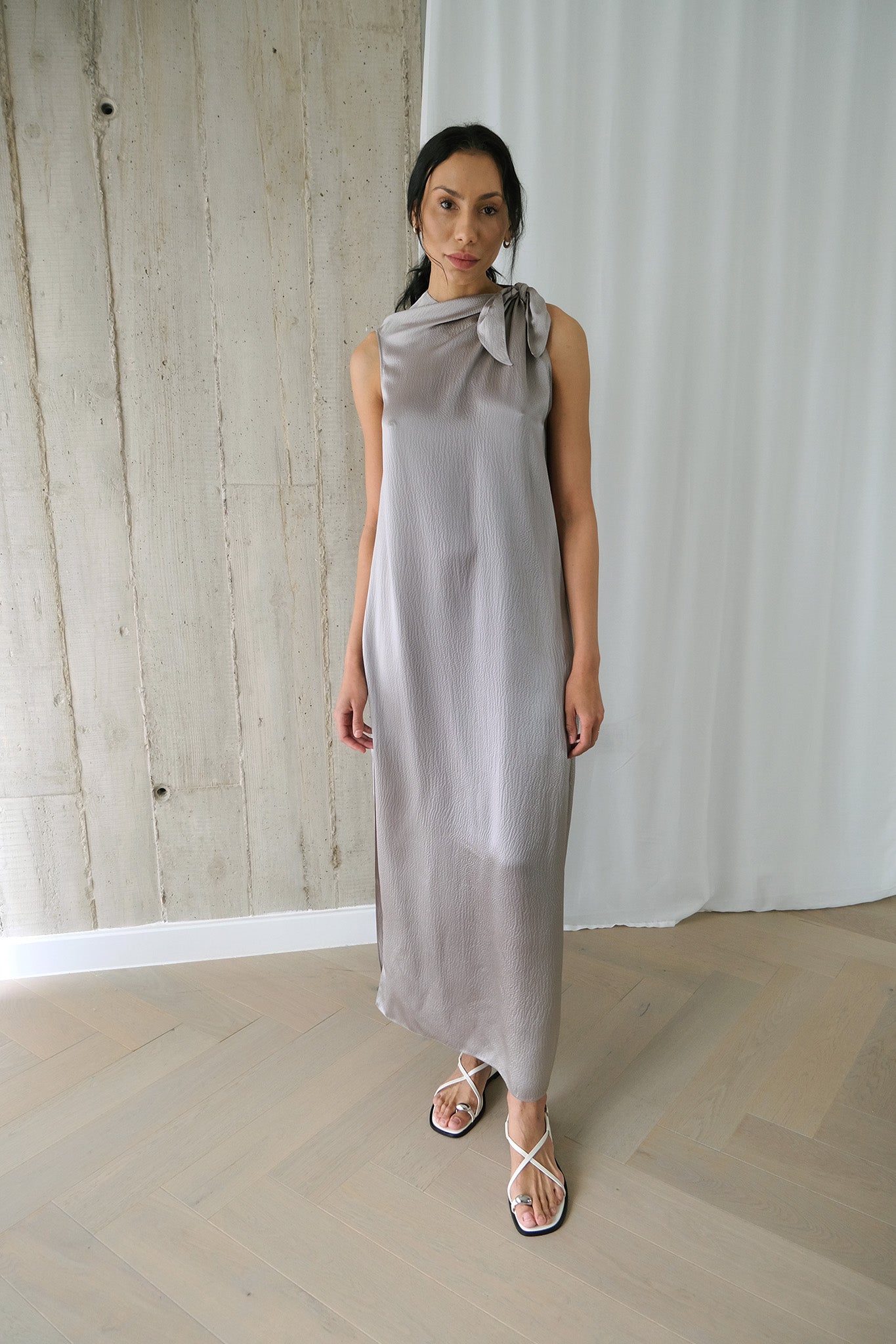 silver dress scarf Final Sale Elegant Strapless Gray Satin Evening Dress with Scarf SS704
