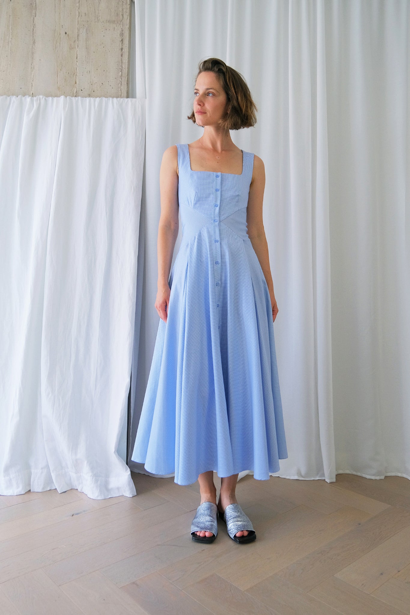 Square Neck Romanticist Dress in Light Blue Cotton Shirting – The Array