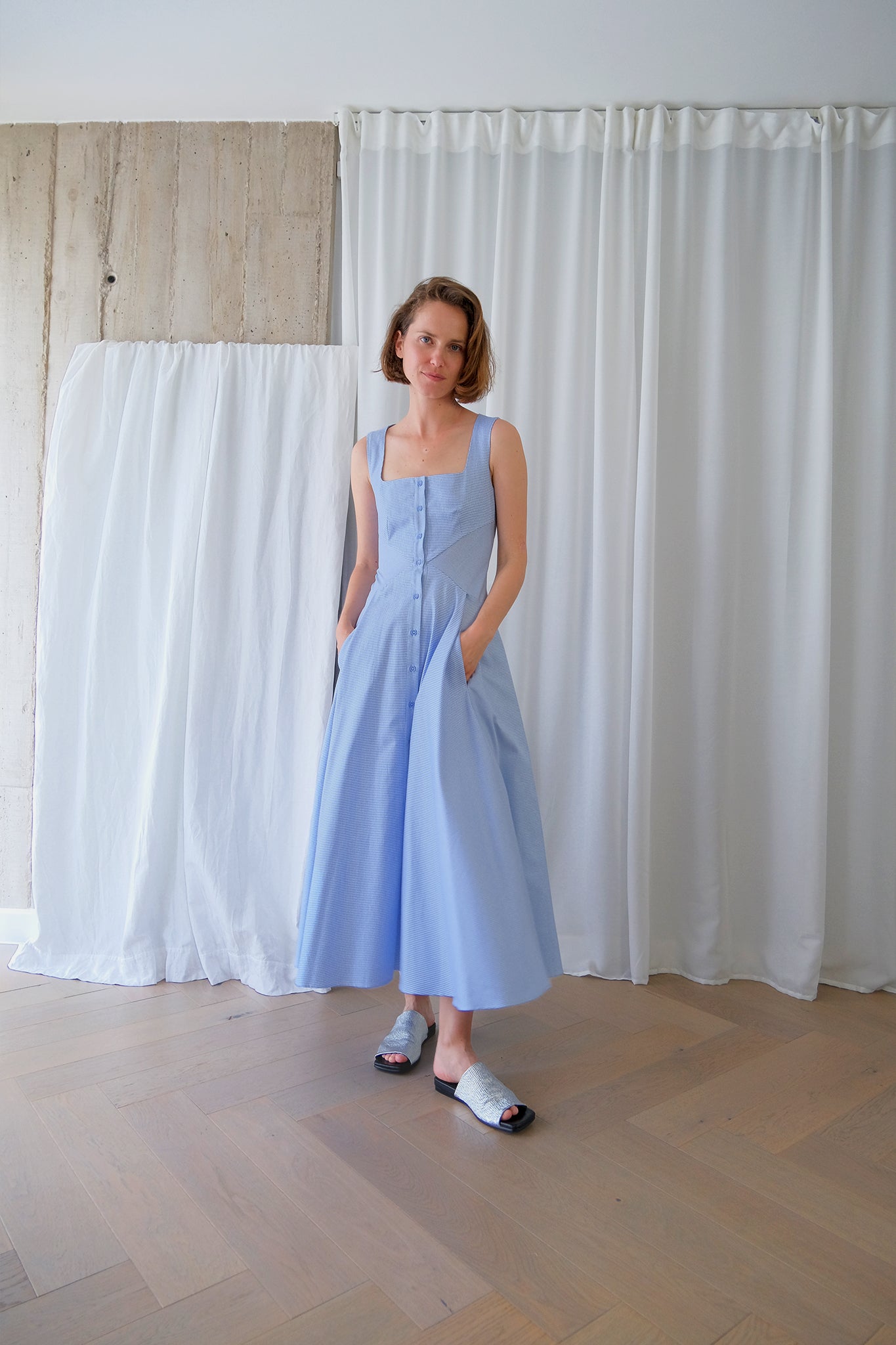 Square Neck Romanticist Dress in Light Blue Cotton Shirting