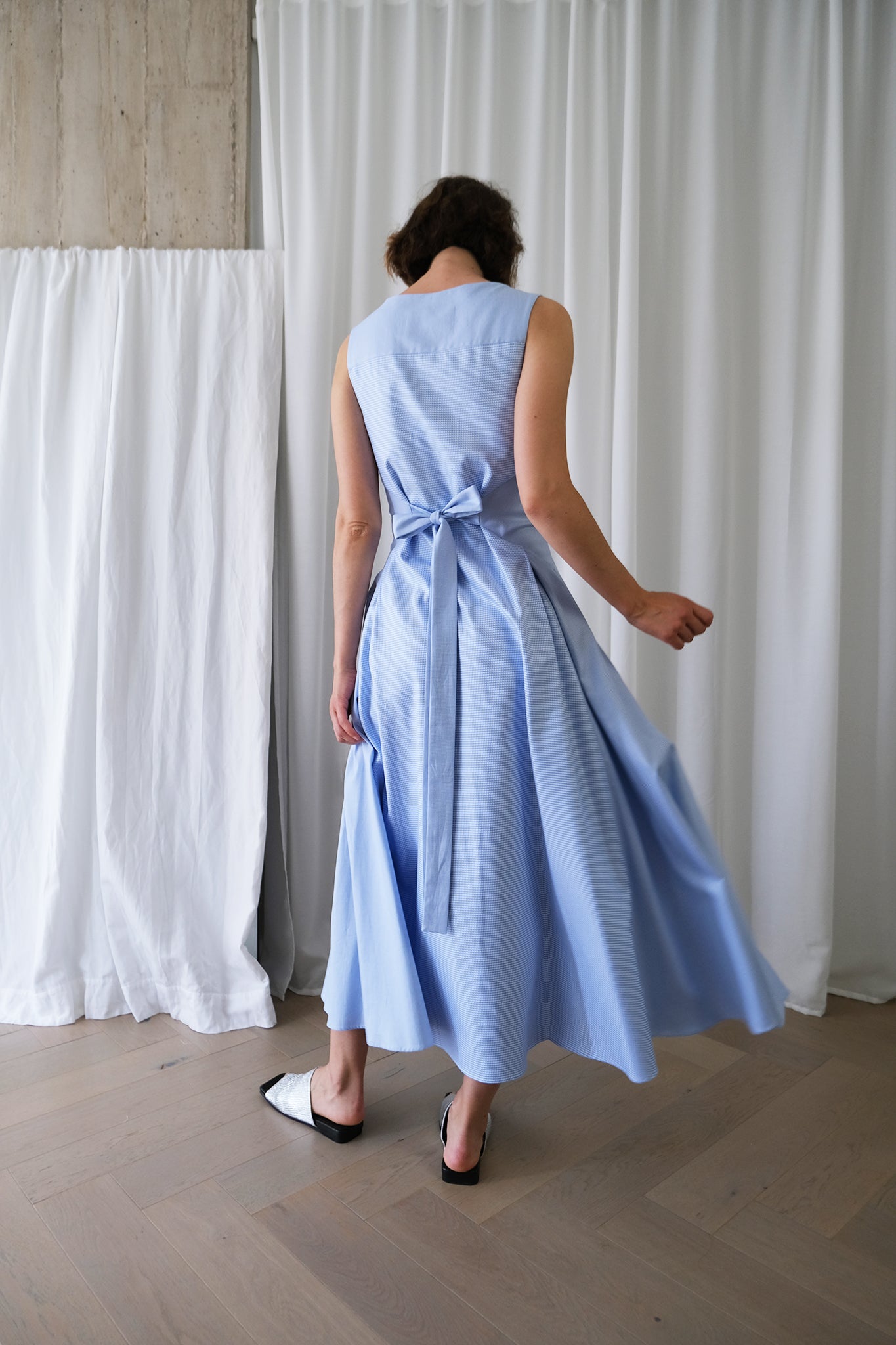 Square Neck Romanticist Dress in Light Blue Cotton Shirting