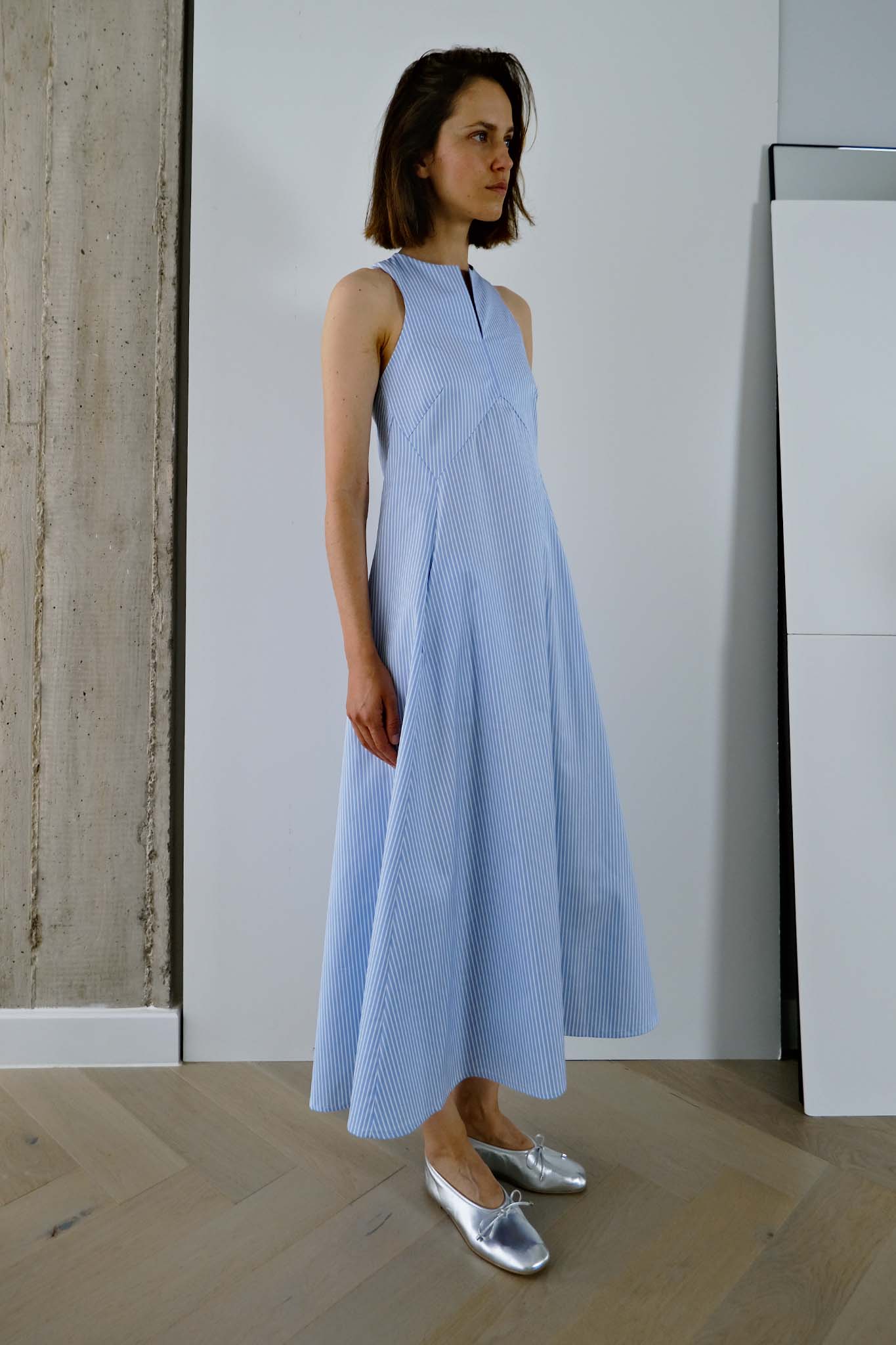 cotton twill dress Supima Cotton Twill Dress with Draped Top and Fringes