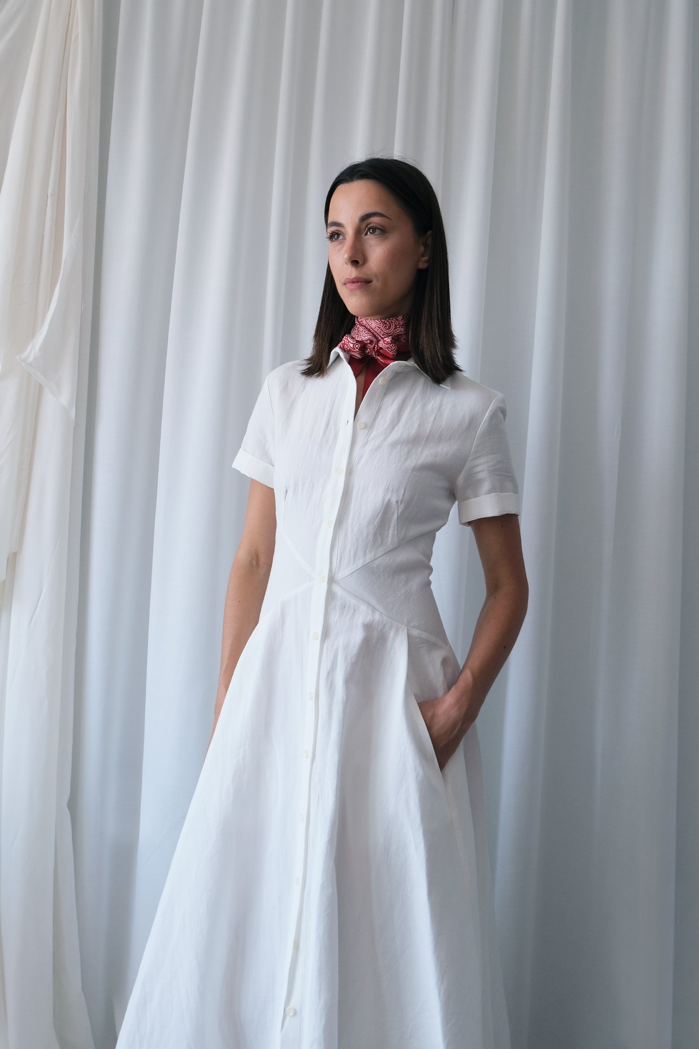 The Romanticist Short Sleeve Shirt Dress in White Sun-Dried Cotton-Linen