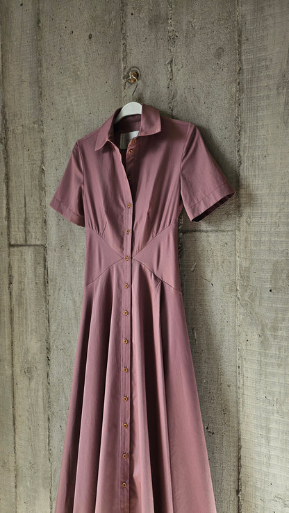 The Romanticist Short Sleeve Shirt Dress in Mauve Pink Cotton Sateen