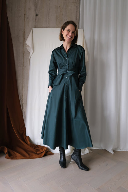Arc Shirt Dress in Forest Green Cotton Sateen