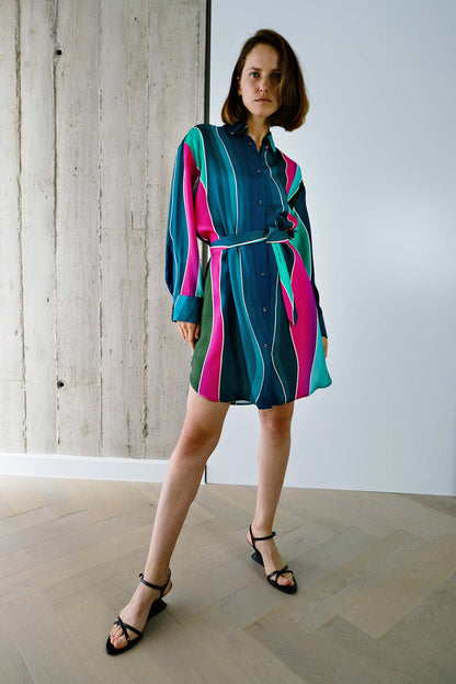 [ 2 ] Belted Oversized Shirt Dress in Printed Silk Twill