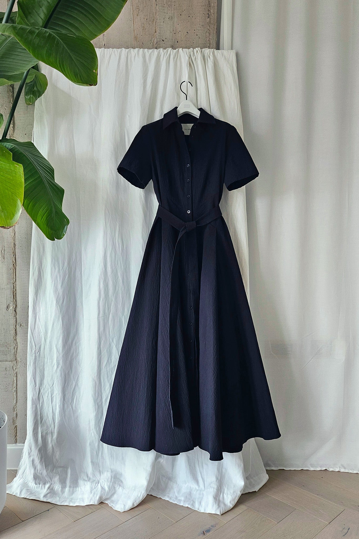 The Romanticist Short Sleeve Shirt Dress in Black Organic Cotton Crepe