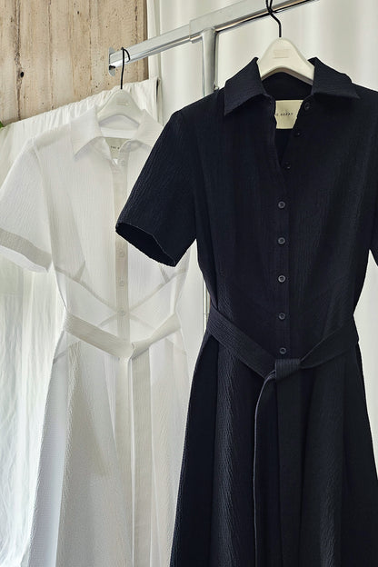 The Romanticist Short Sleeve Shirt Dress in Black Organic Cotton Crepe