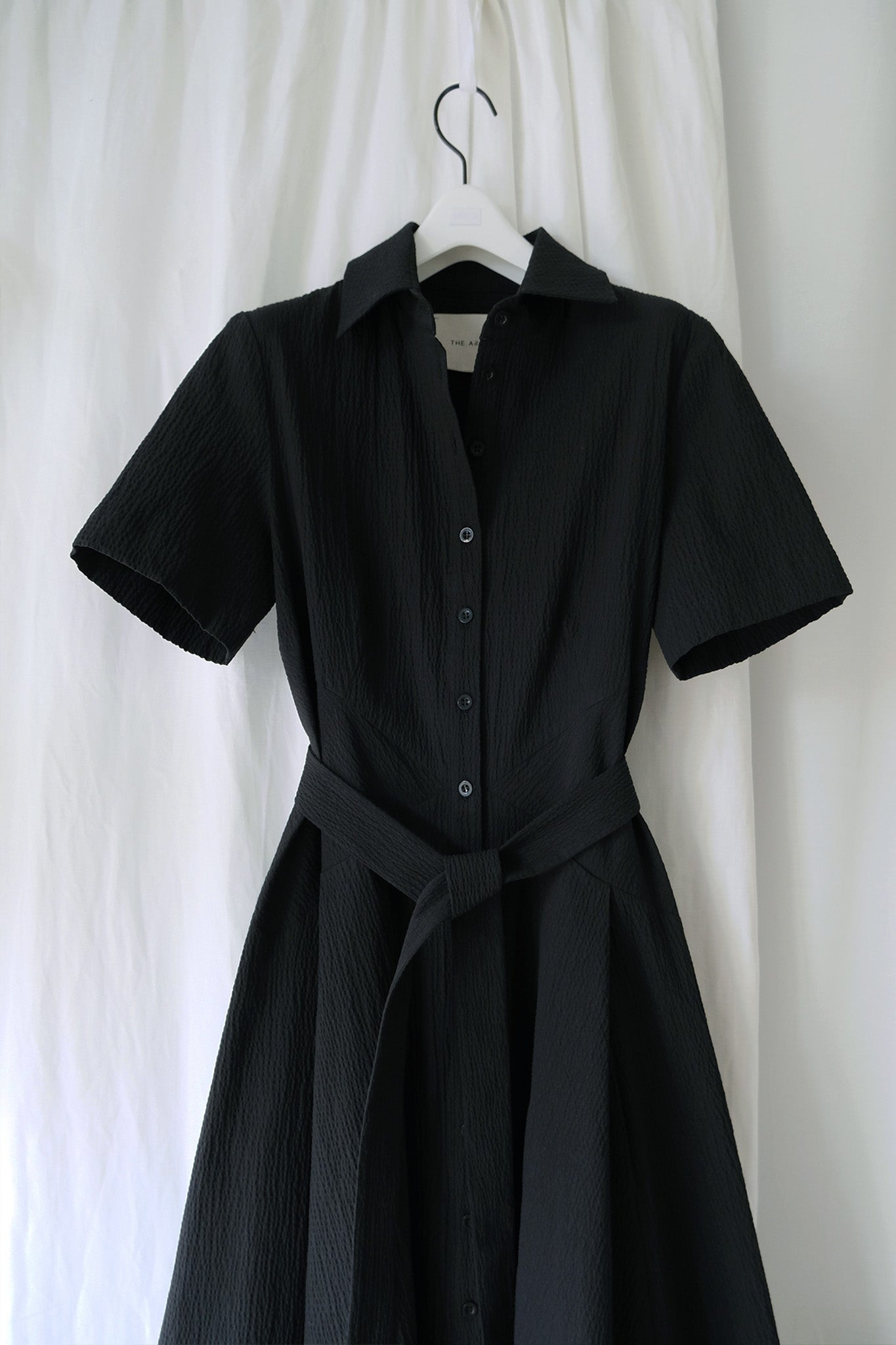 The Romanticist Short Sleeve Shirt Dress in Black Organic Cotton Crepe