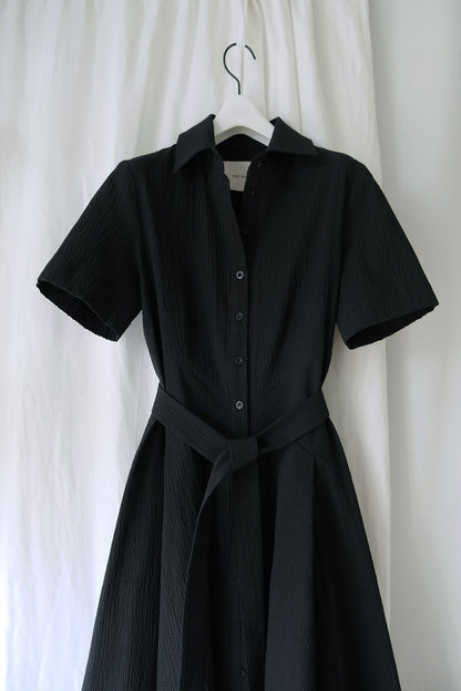 The Romanticist Short Sleeve Shirt Dress in Black Organic Cotton Crepe