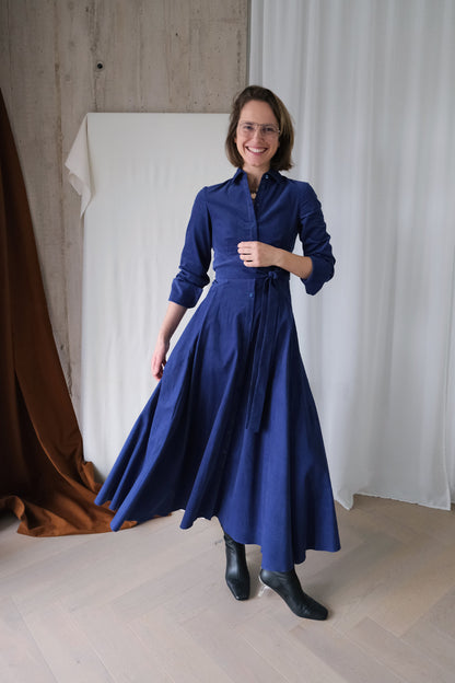 Romanticist Shirt Dress in Lapis Blue Cotton Needlecord