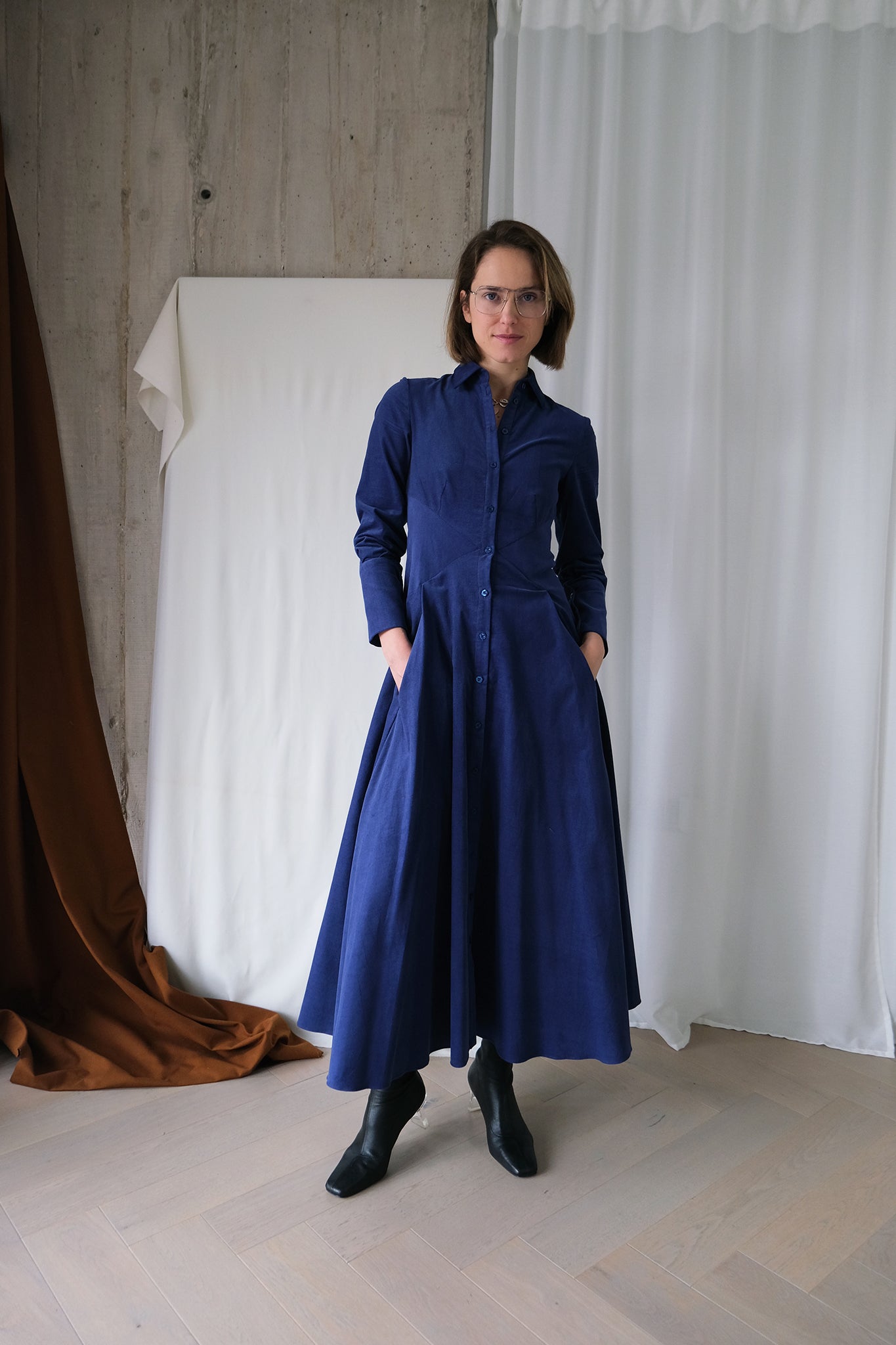 Romanticist Shirt Dress in Lapis Blue Cotton Needlecord
