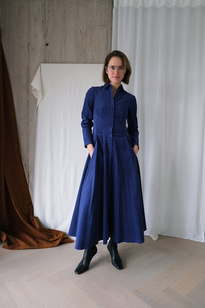 Romanticist Shirt Dress in Lapis Blue Cotton Needlecord