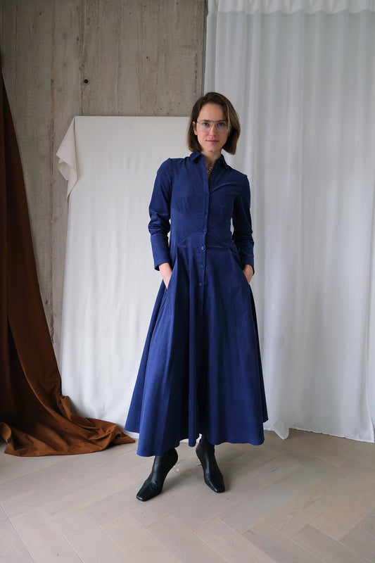 Romanticist Shirt Dress in Lapis Blue Cotton Needlecord