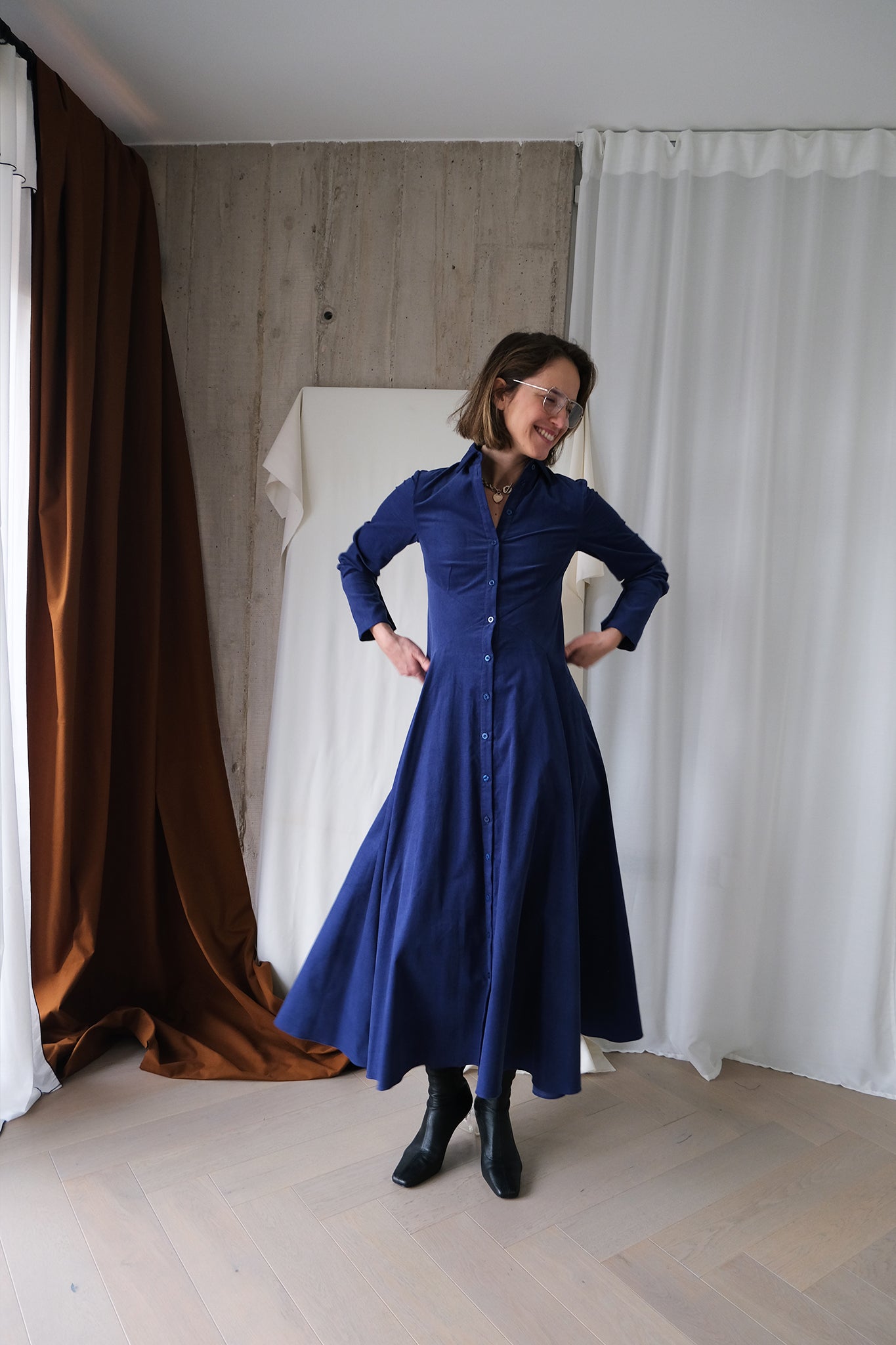 Romanticist Shirt Dress in Lapis Blue Cotton Needlecord