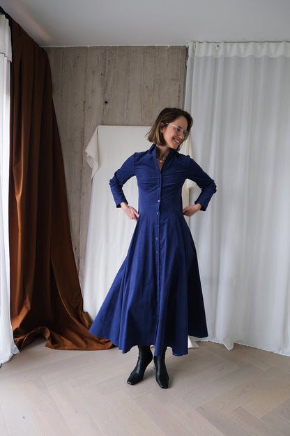 Romanticist Shirt Dress in Lapis Blue Cotton Needlecord