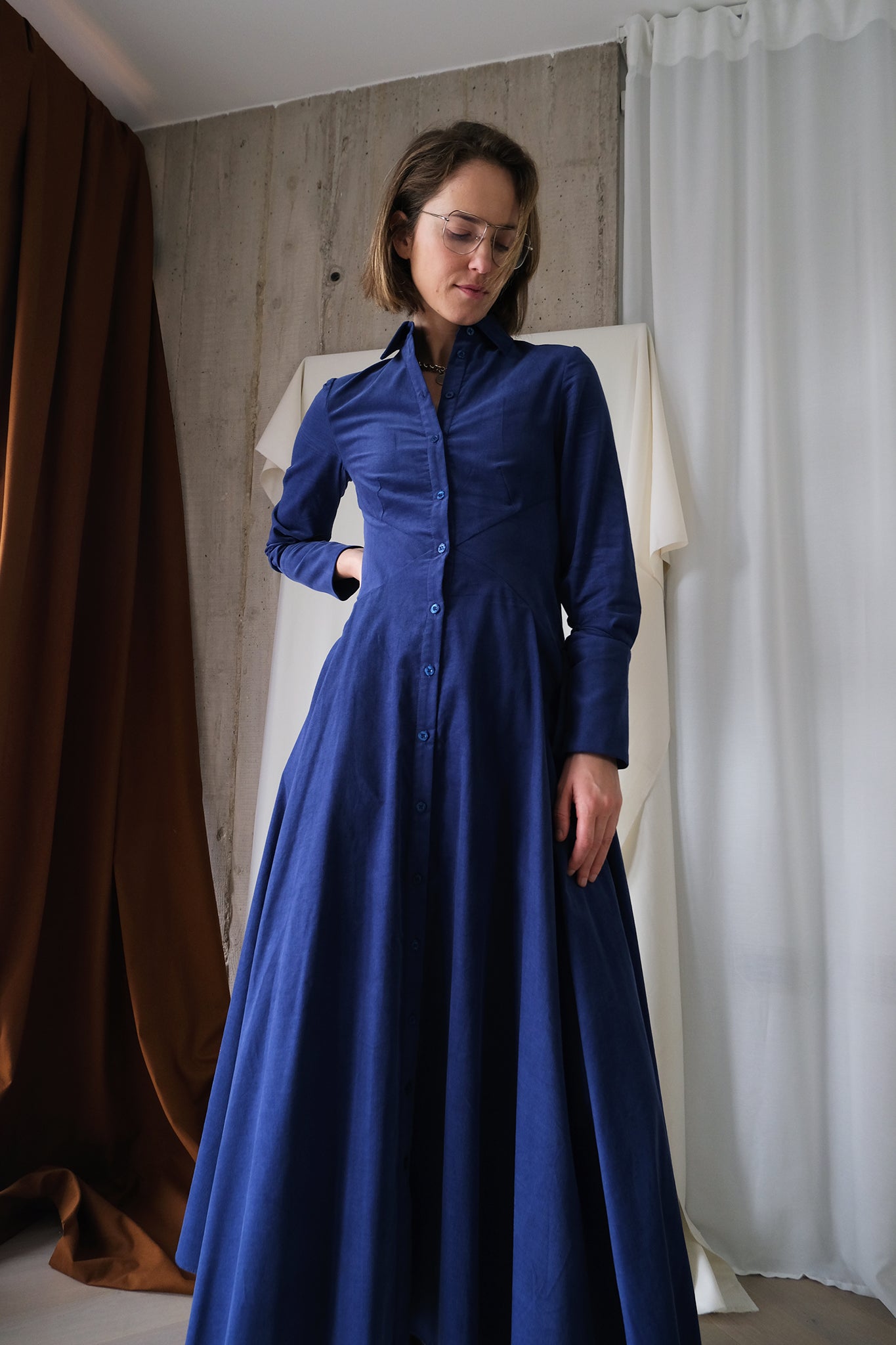 Romanticist Shirt Dress in Lapis Blue Cotton Needlecord