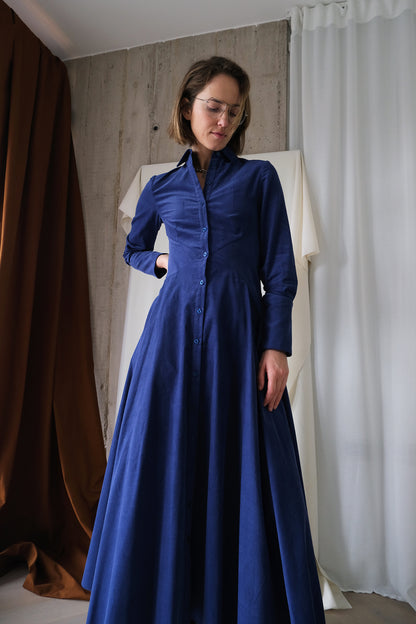 Romanticist Shirt Dress in Lapis Blue Cotton Needlecord