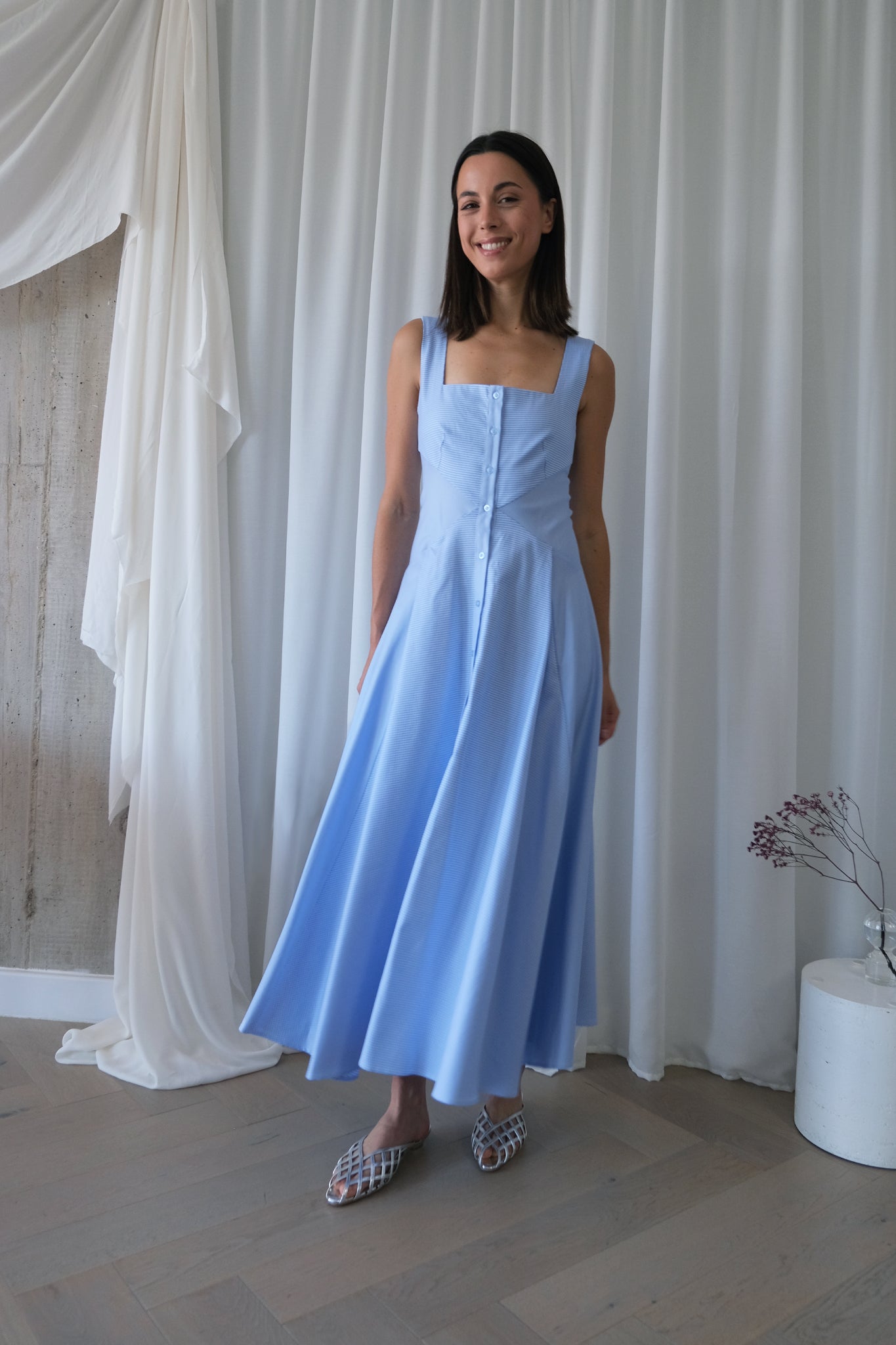 Square Neck Romanticist Dress in Light Blue Cotton Shirting – The Array