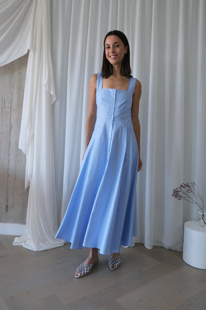 Square Neck Romanticist Dress in Light Blue Cotton Shirting