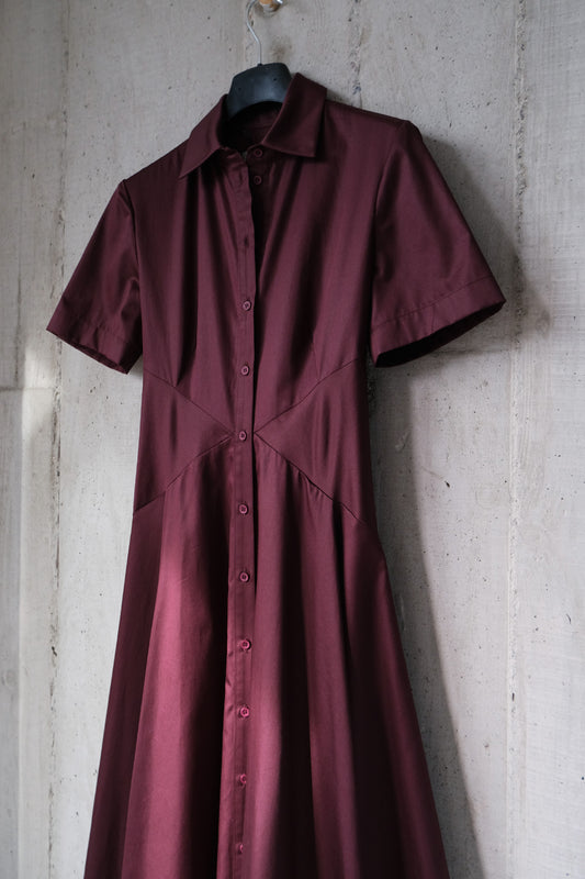 The Romanticist Short Sleeve Shirt Dress in Burgundy Cotton Sateen