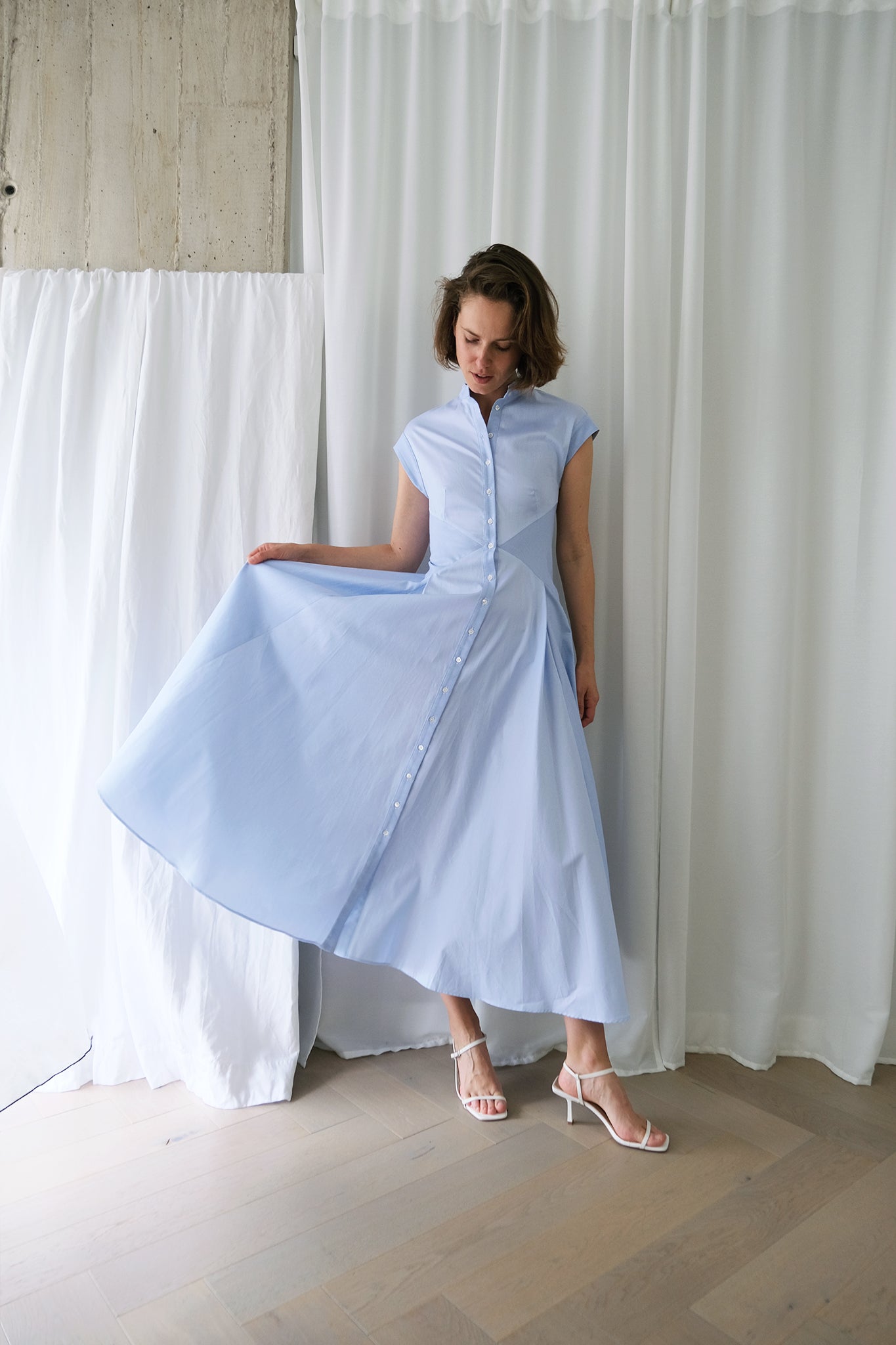 The Romanticist Cap Sleeve Shirt Dress in Light Blue Stripe Cotton Shi – The Array
