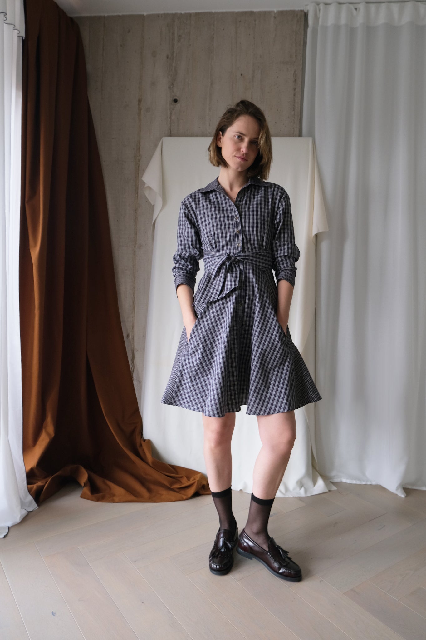 Arc Shirt Dress in Check Combo Cotton Shirting
