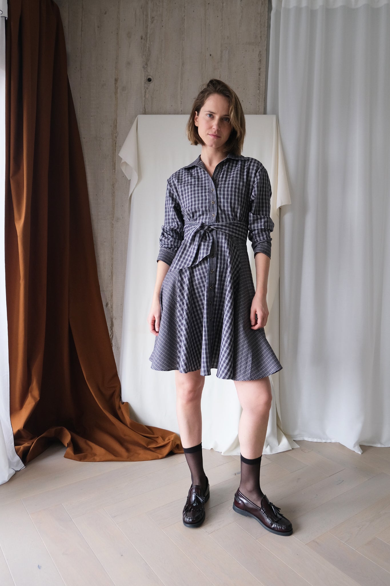 Arc Shirt Dress in Check Combo Cotton Shirting