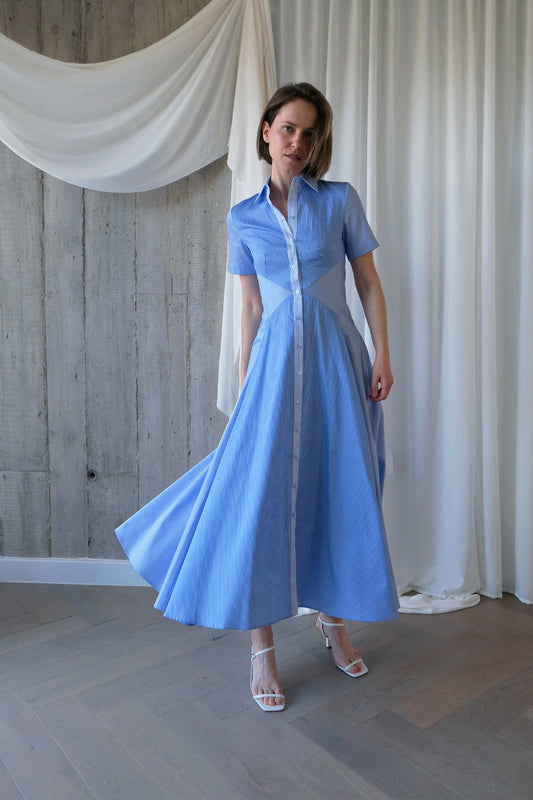 The Romanticist Short Sleeve Shirt Dress in Light Blue Combo Stripes