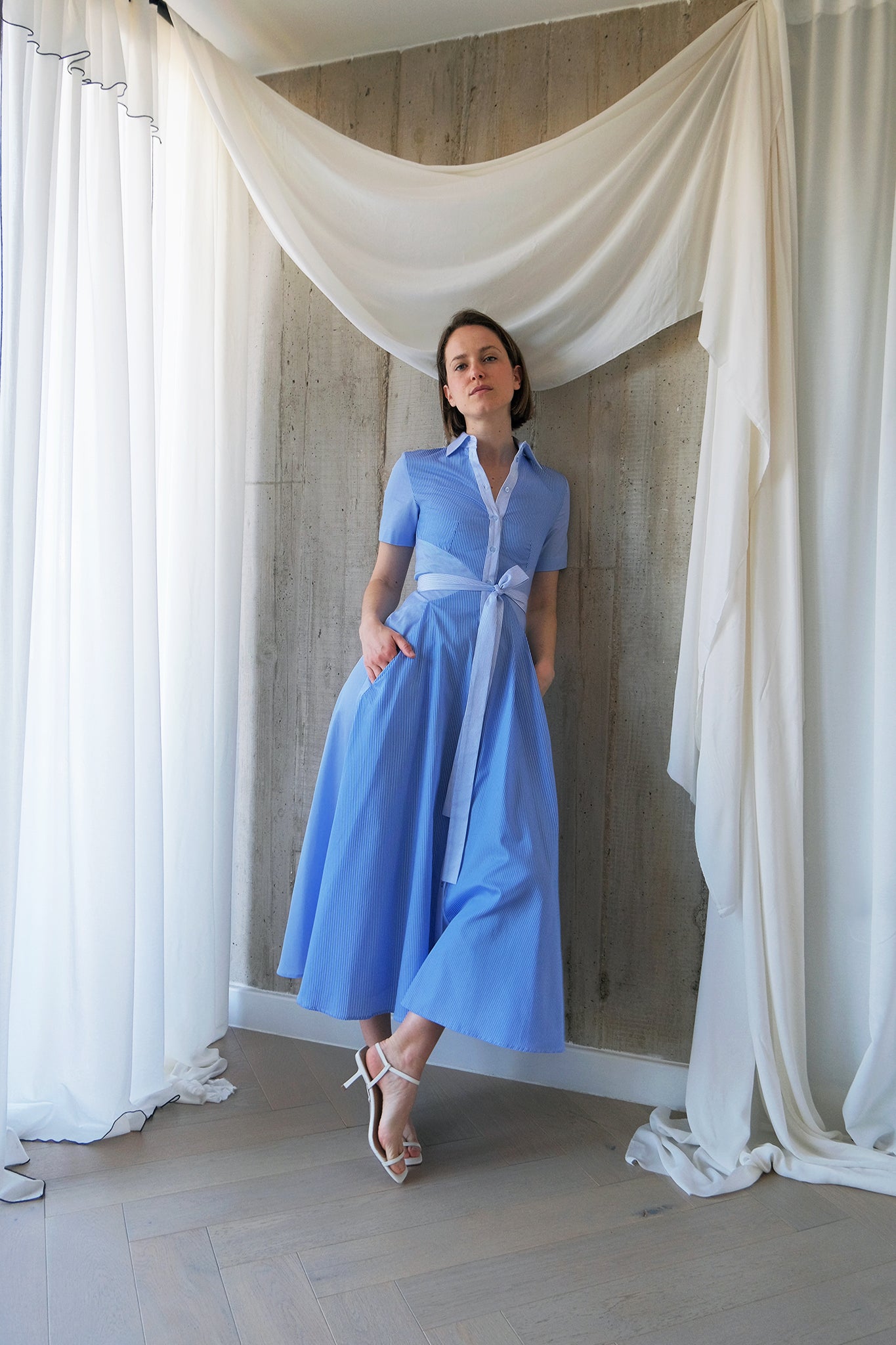 The Romanticist Short Sleeve Shirt Dress in Light Blue Combo Stripes