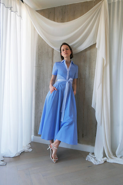 The Romanticist Short Sleeve Shirt Dress in Light Blue Combo Stripes