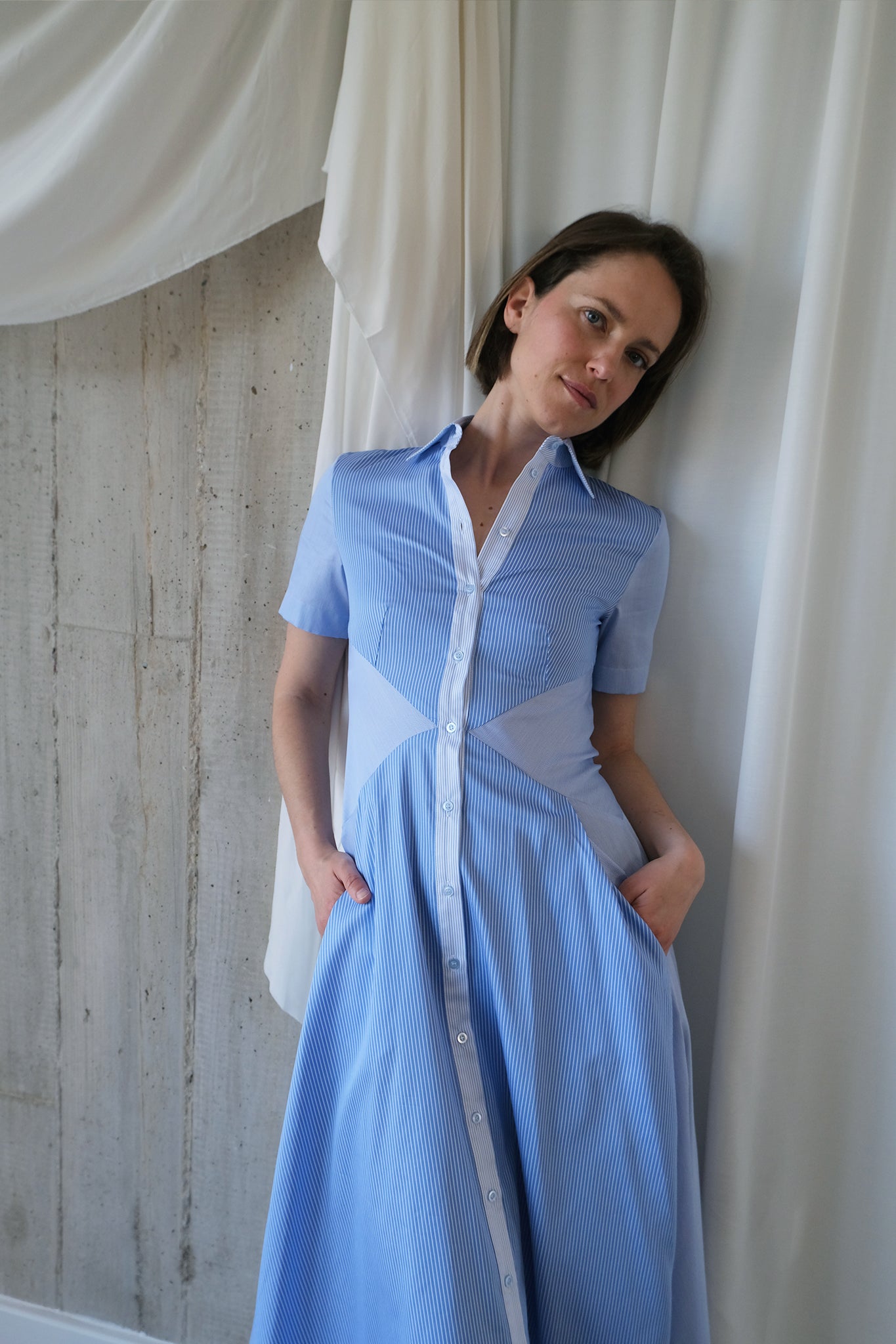 The Romanticist Short Sleeve Shirt Dress in Light Blue Combo Stripes