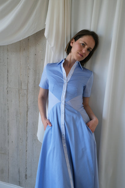 The Romanticist Short Sleeve Shirt Dress in Light Blue Combo Stripes