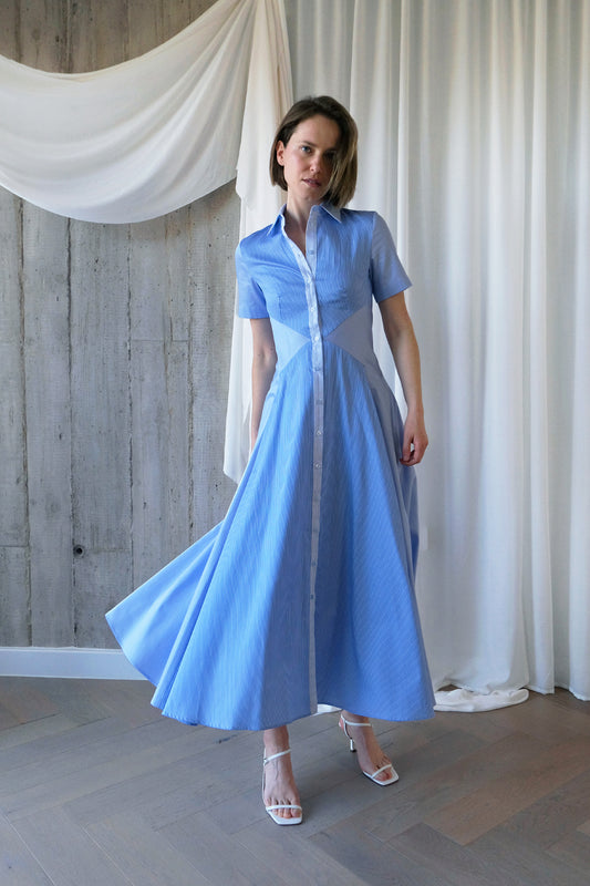 The Romanticist Short Sleeve Shirt Dress in Light Blue Combo Stripes