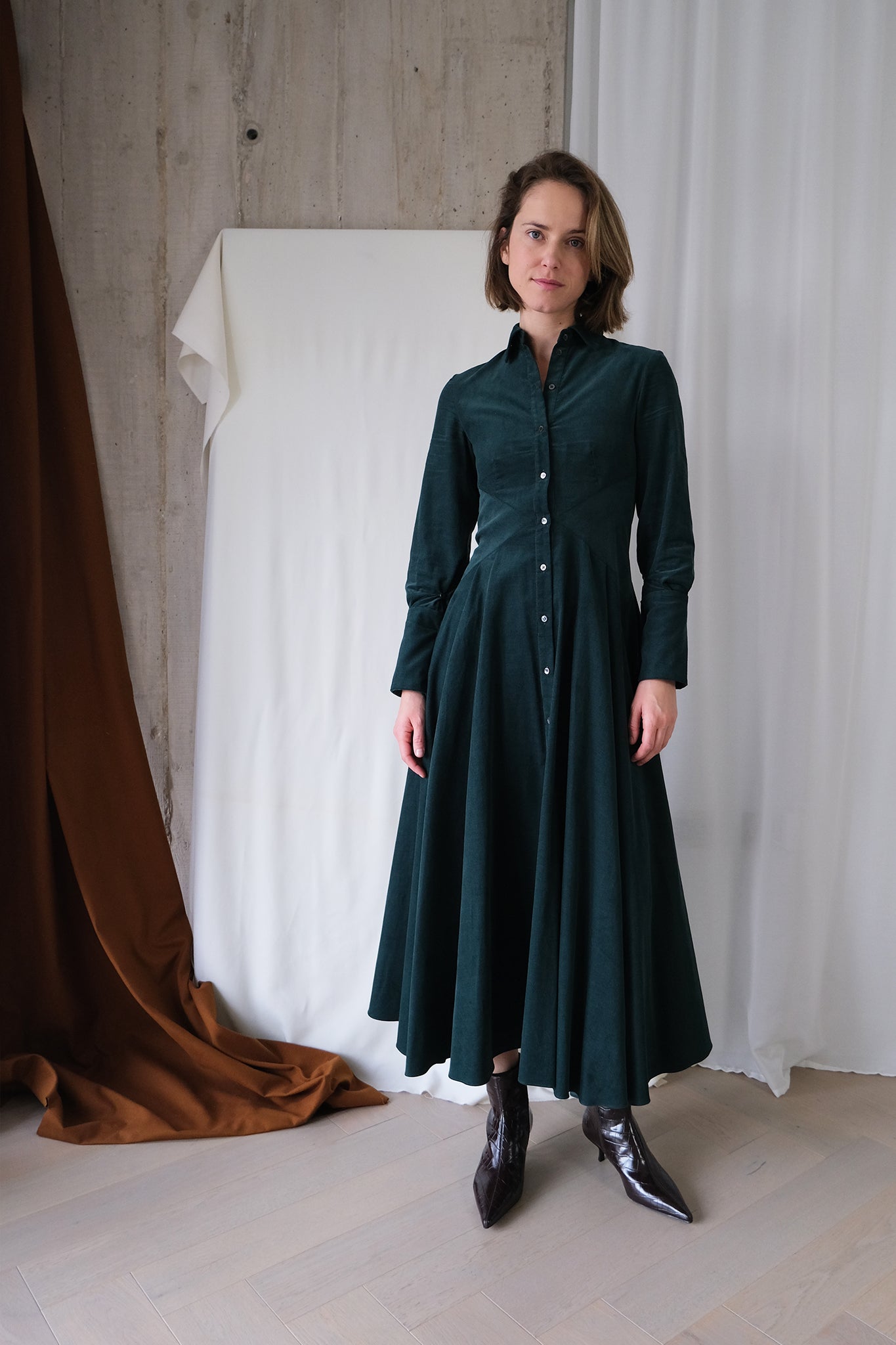 Romanticist Shirt Dress in Forest Green Cotton Needlecord