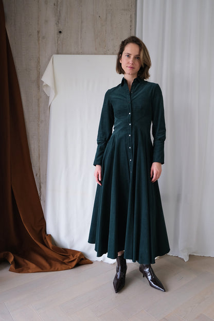 Romanticist Shirt Dress in Forest Green Cotton Needlecord