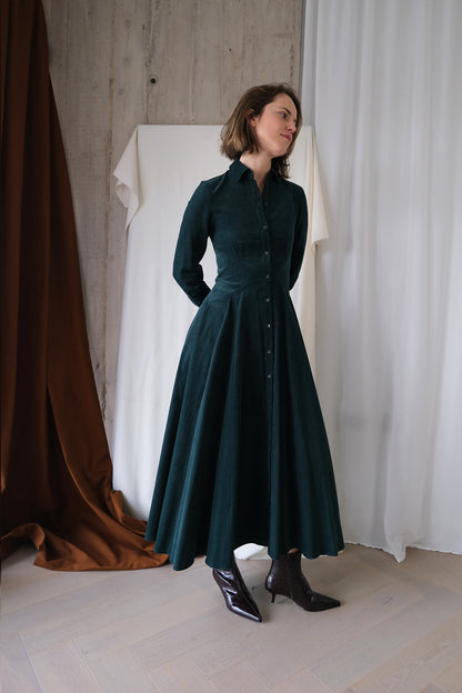 Romanticist Shirt Dress in Forest Green Cotton Needlecord