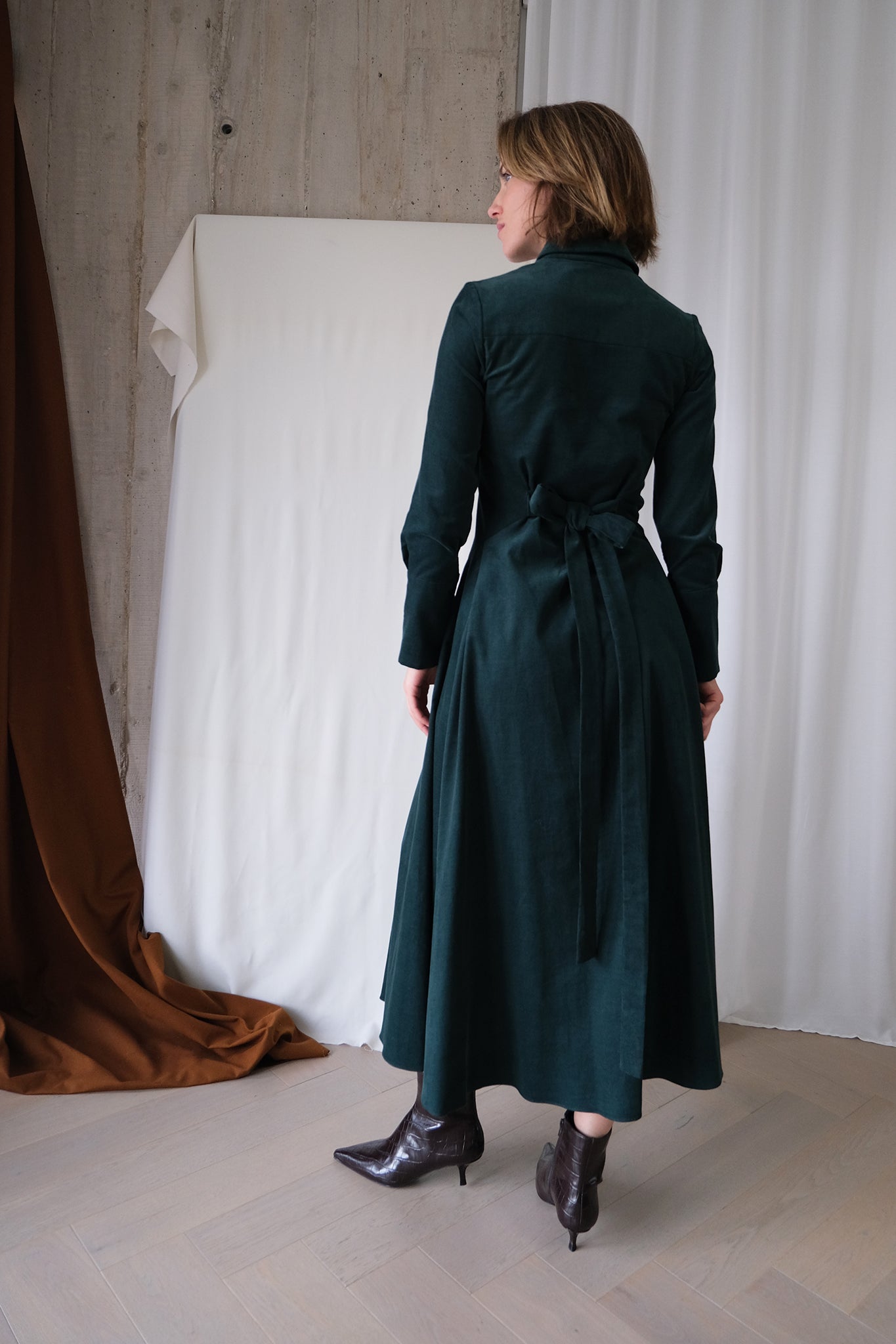 Romanticist Shirt Dress in Forest Green Cotton Needlecord