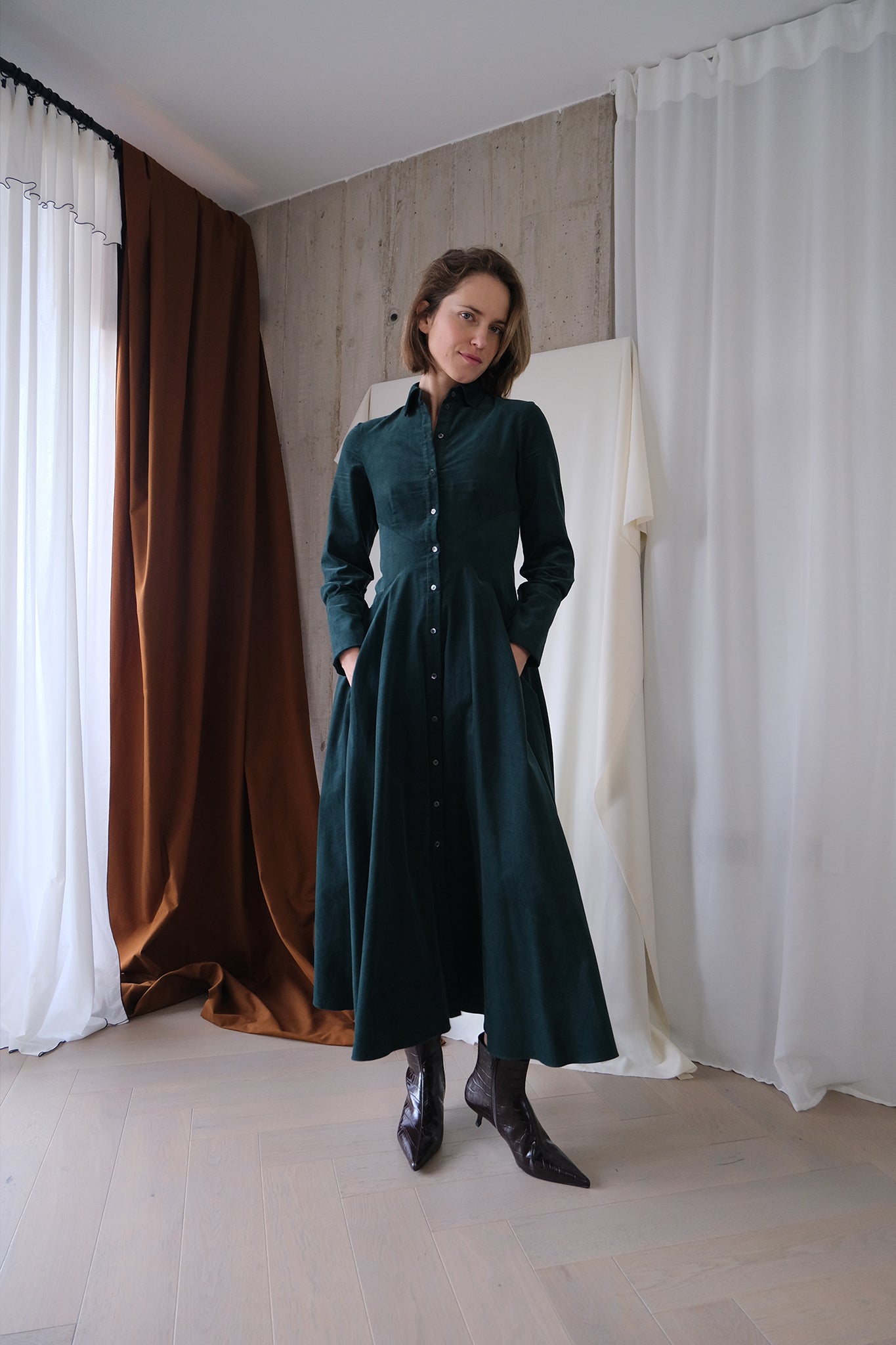 Romanticist Shirt Dress in Forest Green Cotton Needlecord