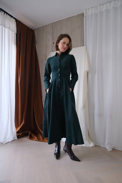 Romanticist Shirt Dress in Forest Green Cotton Needlecord