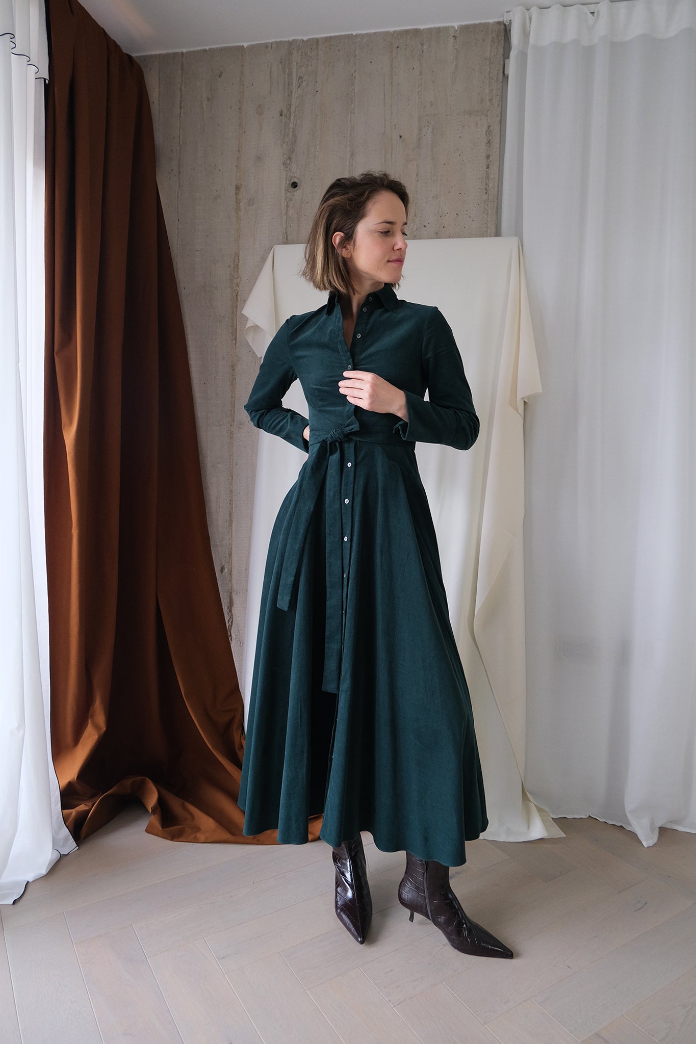 Romanticist Shirt Dress in Forest Green Cotton Needlecord