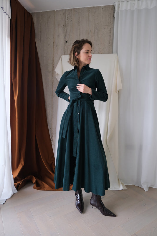 Romanticist Shirt Dress in Forest Green Cotton Needlecord