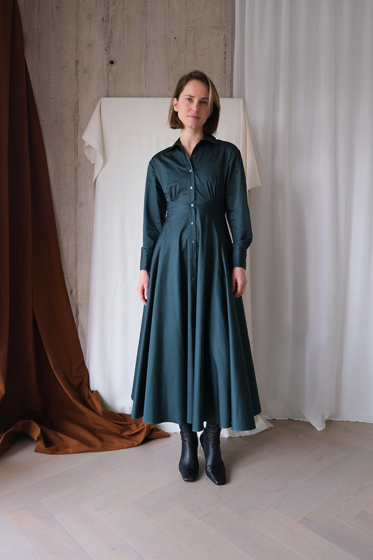 Arc Shirt Dress in Forest Green Cotton Sateen