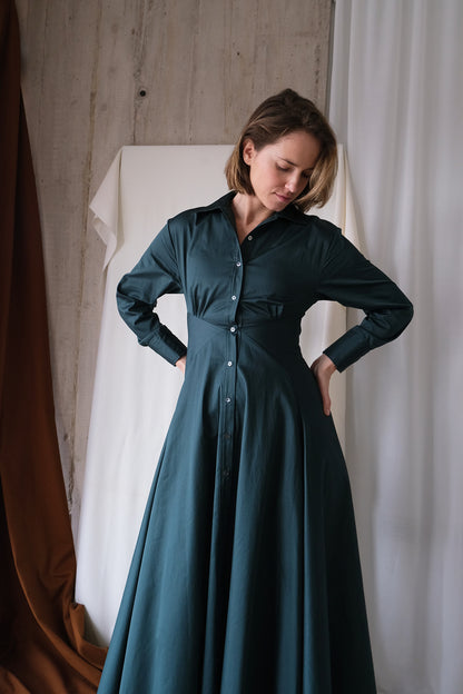 Arc Shirt Dress in Forest Green Cotton Sateen