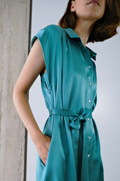 [ 4 ] Armband-Detail Belted Shirt Dress in Lagoon Hammered Silk