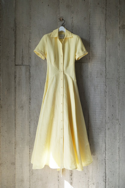 The Romanticist Short Sleeve Shirt Dress in Yellow Sun-Dried Cotton-Linen